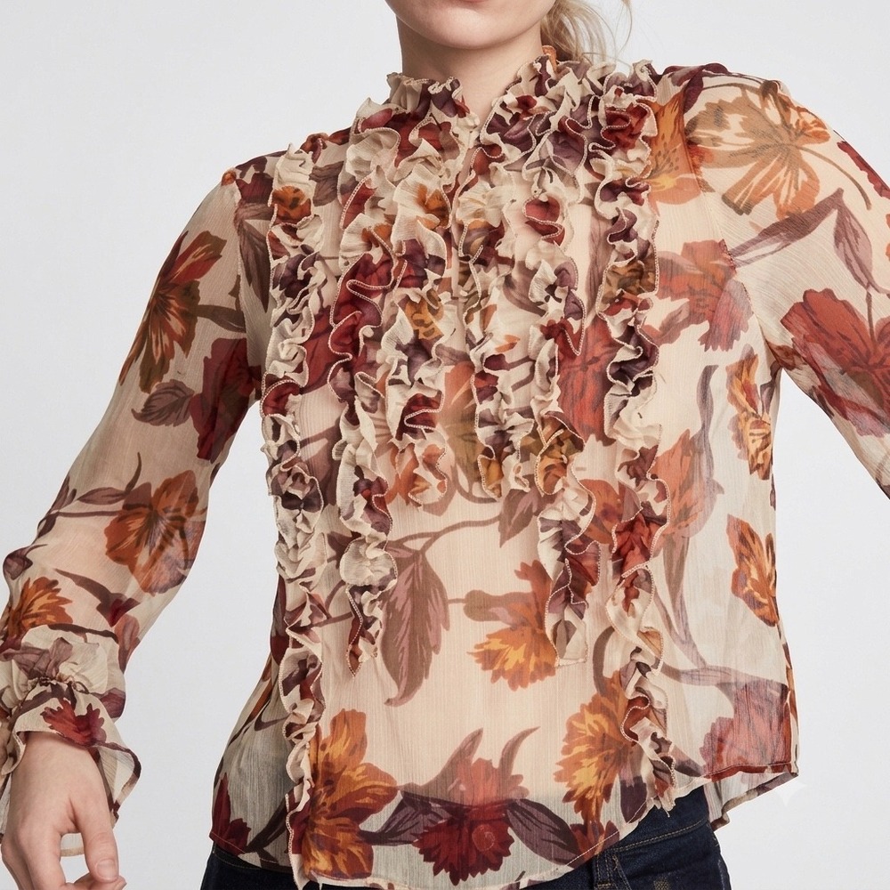 ZARA Floral Ruffle‎ Chiffon Blouse Sheer Long Sleeve Top XS Rust Orange Fall